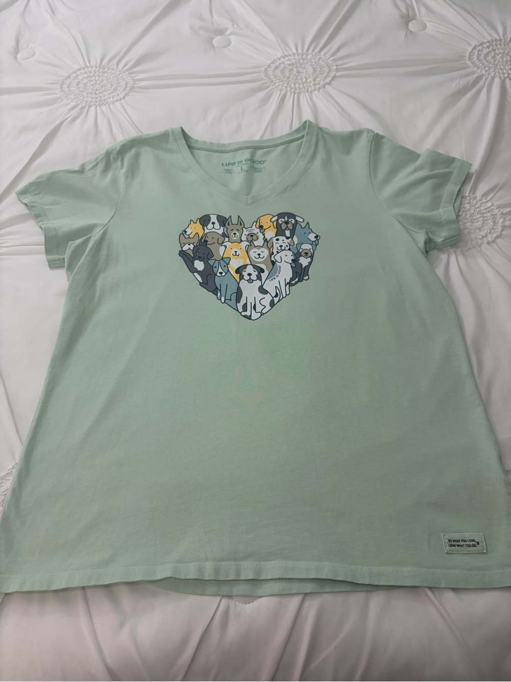 Life Is Good Mint Green V-Neck Tee with Heart Puppy Graphic - Picture 7 of 15
